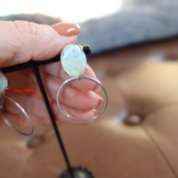 GIANT Opal & 925 sterling silver front facing hoops earrings white/blue sparkles - Picture 9 of 15